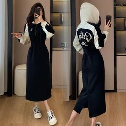 Casual Dresses Korean Version Of The Long Section Hooded Half-zipper Dress Female Fall Waist Thin Temperament Senior Sense Leisure