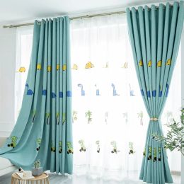 Curtains Cartoon Dinosaur Children Blackout Curtain for Kids Boys Bedroom Blue Green Linen Window Drapes White Embroidery Tulle ZH054H