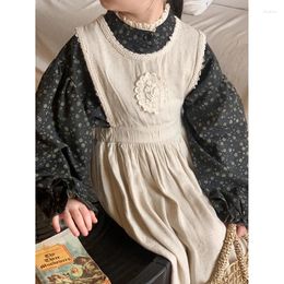 Girl Dresses 1-10 Yrs Floral Girls Shirt Spring Fall Cotton Breathable Kids Blouse Vintage Linen Lace Vest Dress Children Outfits Xmas