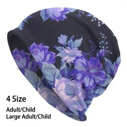 Berets Midnight Floral Pattern Beanies Knit Hat Bloom Purple Blue Dark Summer Roses Pretty Flower Traditional