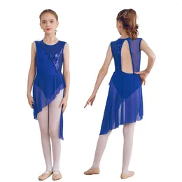 Stage Wear Kids Girls Lyrical Dance Dress Modern Contemporary Ballet Gymnastics Leotard Shiny Sequins Figure Skating Performance Costumes