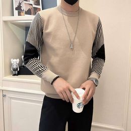 Autumn and Winter Trendy Patchwork Striped for Korean Slim Fit Sweater, Men's Round Neck Bottom Knit Sweater Top