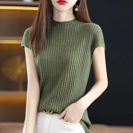 Thin Half European High Necked Worsted Wool Vest Women's Korean Knitted Short Sleeved T-Shirt Top Sleeveless Bottom Small Shirt Style Style