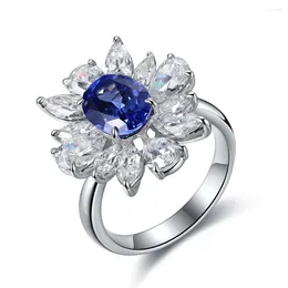 Cluster Rings Oval 8.5x6.8mm Synthetic Rayal Blue Engagement Ring 18K Gold Plated Diamond Multi Tone Jewelry For Women