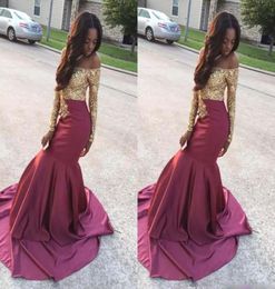 2017 Luxury Prom Dresses Cheap Off Shoulder Golden Appliques Long Sleeve Sation Party Dresses Cheap Custom Made Mermaid Evening Go8776563