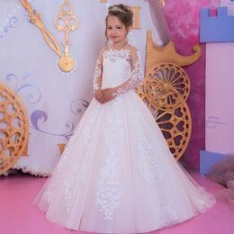 2024 white lace Flower Girls Dresses embroidery Ball Gown long sleeves Jewel Neck Tulle A Line Little Girl Princess Pageant Children Kids long Party Communion Gowns