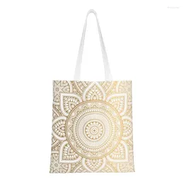 Shopping Bags Funny Mandala Gold Tote Recycling Boho Floral Pattern Canvas Groceries Shopper Shoulder Bag