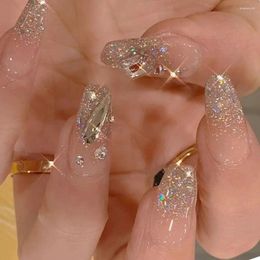 False Nails 24pcs Detachable Manicure Glitter Rhinestone Ice Transparent Full Cover Ballerina Long French Fake