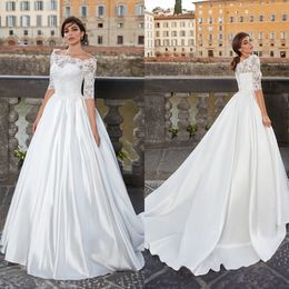 Vintage A-Linie Frauen Hochzeitskleid U-Ausschnitt mit langen Ärmeln Brautkleider Spitze Sweep Zug Kleid nach Maß vestidos de novia