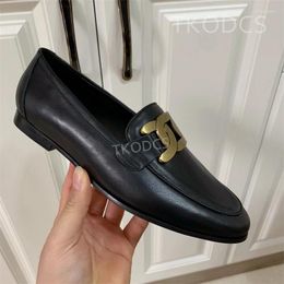 Dress Shoes Natural Leather Lazy Women Metal Decor Square Heel Low British Loafers Simple Comfortable Working Driving