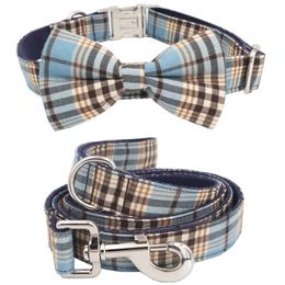 Blue plaid Dog collar bow tie matching lead for 5size to choose wedding dog gifts your pet Y200515305P