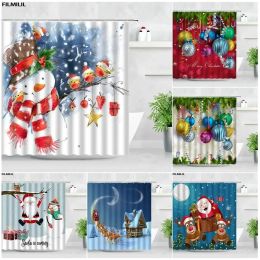 Curtains 3D New Year Christmas Shower Curtains Set Cute Snowman Funny Santa Claus Xmas Ball Decor Bathroom Fabric With Hooks Bath Curtain