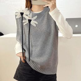 Women's Sweaters Autumn Winter Retro Knitewears Ladies Fashion 3D Flower Round Neck Sweater Vest Pullovers Tops Female Casual Sleeveless