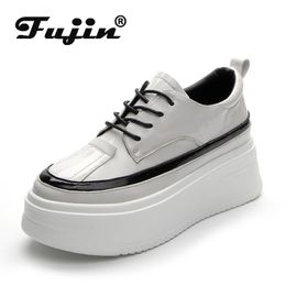 Fujin 7.5cm Patent Leather Genuine Women Shoes Loafers Platform Sneakers Wedge Shoes Hidden Heel Breathable Spring Summer Shoes 240309