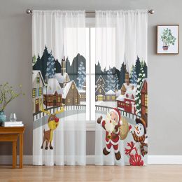 Curtains Christmas House Santa Claus Snowman Elk Sheer Voile Curtains Living Room Bedroom Window Drapes Balcony Screen Tulle Curtains