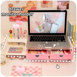 Racks Kawaii Computer Laptop Elevated Stand Holder Work Station Desktop with Drawer Storage Box Organiser Monitor Laptop Office Shelf