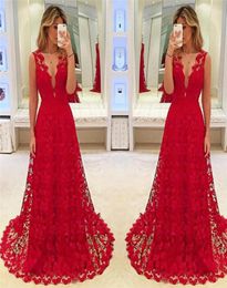 Womens Long Formal Lace Dress Red Lace Party Gown Evening Party Bridesmaid Dresses New Deep High Low Vneck Maxi Dress Vestidos1174257