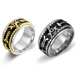 Rotatable Titanium Steel Freemasonry Rings Men's 12mm Wide Finger Ring Band for Male Men Fashion Jewelry