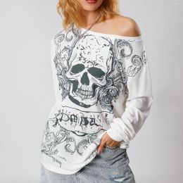 Women's T Shirts Autumn Loose Tops Harajuku Y2K Gothic Tees Skull Bone Print Slant Shoulder Long Sleeve Oversized T-Shirt Streetwear