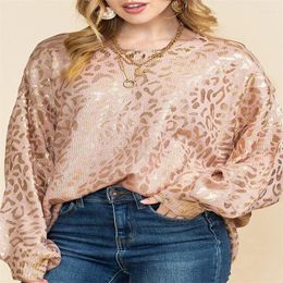 Women's T Shirts Women Autumn Winter Sprinkled Gold Leopard-patterned Lantern Sleeves O-neck Pullover Knitted Tops American Trend Casual