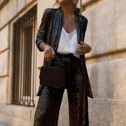 Running Sets Elegant Sequin Women Set Long Sleeve V-neck Cardigan Loose Flare High Waist Pants Suits Solid Fashion Party Clubwear