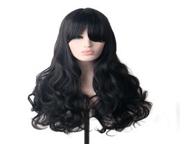 WoodFestival Synthetic Hair Black Long Wavy Wig With Bangs Cosplay Wigs For Womens Ombre High Temperature Fiber9808887