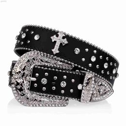 Belts Black Cross Rivet Belt Engraved Buckle Rhinestone Decor Belt Hip Jeans Pants Belt Punk Western Cowboy Cowgirl Belts ldd240313