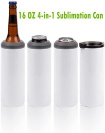 New 16 OZ Sublimation Can Cooler Tumblers Blanks 4in1 Can Insulator Adapter with LeackProof Lid Plastic Straw Stainless Steel G8459743