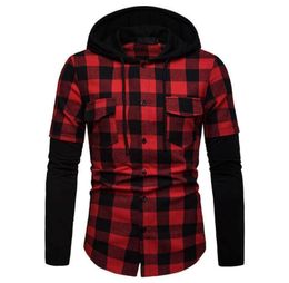 New Fashion Mens Plaid Hooded Dual Pockets Daily Long Sleeve Shirts Casual Slim Fit Top Lumberjack Cheque Dress Shirts for Men G1014564932