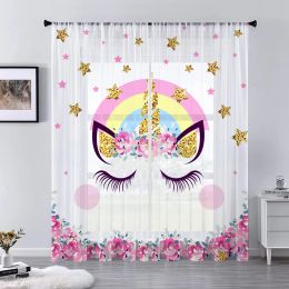 Curtains Cartoon Unicorn Tulle Curtain for Living Room Bedroom Decor Star Floral Rainbow Sheer Curtains Room Kitchen Window Treatment