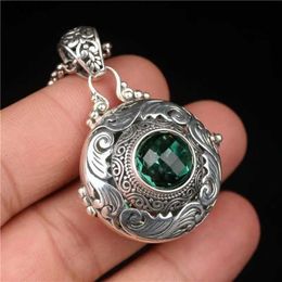 Pendant Necklaces Opening Hand Engraving Silver Colour Hollow Green Zircon Box Pendant Necklace DIY Aromatherapy Tablets Charm Jewellery Gifts L24313