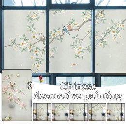 Films Chinese Ink Painting Style Privacy Window Film Ancient Art Flowers Birds Glass Film Stained Static Cling Frosted Glass Stickers