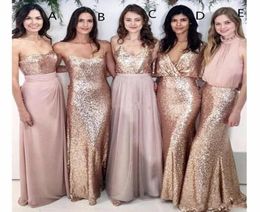 Mixed Styles 2019 Modest Beach Wedding Guest Dresses Bridesmaid Dresses with Rose Gold Sequin Wedding Maid of Honour Gowns Party Fo7329741