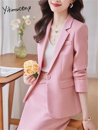 Yitimuceng Pink 2 Piece Sets for Women Office Ladies Single Button Turn Down Collar Blazers Elegant Midi Skirt Suits 240309