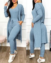 Drawstring Pocket Design Jumpsuit Coat Set Solid Colour Women Autumn Lace Up Long Top Slim Fit Pencil Pants Fashion240313