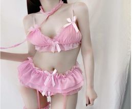 Bras Sets Sexy Costumes Underwear Female Temptation Princess Garter Lace Threepoint Suit Cute Pink Girl Micro Bikini5137601