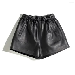 Women's Shorts Womens Elastic Waist Loose Genuine Leather With Pockets