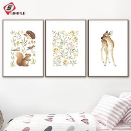 Paintings Nursery Woodland Wall Art Squirrel Deer Canvas Painting Flower Posters And Prints Little Forest Animals Pictures For Liv265a