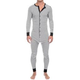 2020 Sexy Men Button Jumpsuit Contrast Striped Bodysuit Homewear Round Neck Long Sleeve Bodysuit Nightwear Long Sleeve Pajamas4514170