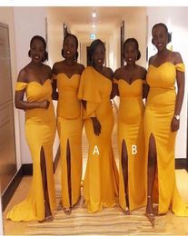yellow Mermaid Bridesmaid Dresses Off Shoulder Sweep Train stain Country Wedding Guest Gowns Maid of Honour Dress sexy slit 3961319