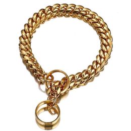 Gold Chain Dog Collar Leash 14mm Stainless Steel Pet Collar Lead Leather Small Large Dog Pitbull Bulldog Pet Accessories 201030327s