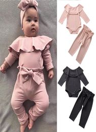 Baby Girls Clothing Set Ruffled Rompers Long Sleeve Clothes Girls Elastic Waist Pants Candy Color 2 Pcs Suit 03T 045549595