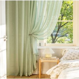 Curtains Japanese mint green Sheer curtains simple style fresh artistic translucent shutter yarn living room bedroom custom curtain size
