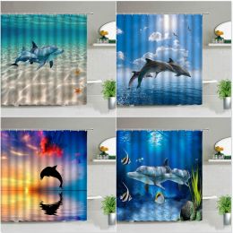 Curtains Funny Dolphin Shower Curtains Cute Ocean Animal Blue Seawater Sea Wave Scenery Bathroom Decor Cloth Curtain With Hooks