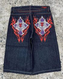 Summer Casual Denim Shorts Men Street Punk Hip Hop Cross Print Jorts Shorts Y2k Vintage Trendy Baggy Knee Length Pants 240308