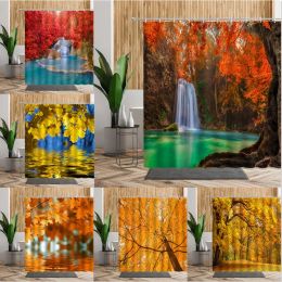 Curtains Forest Maple Tree Shower Curtain Waterfall Jungle Autumn Nature Orange Leaves Bathroom Decor Bath Curtains Home Decoration Cheap