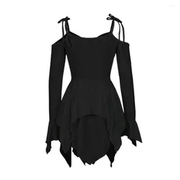 Casual Dresses Charming Figure Dress Elegant Lace-up Long Sleeve V Neck Off Shoulder For Women Irregular Hem Solid Color Pleated Knee