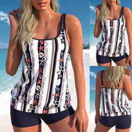 Swim wear New Summer Ladies Various Shell Printed T-shirt Tops and Shorts Two Piece Laced Up Sexy Beach Set S-6XL aquatic sports 240311