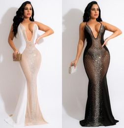 Long Mermaid Prom Evening Party Dresses For Women Elegant Sexy Vneck Sleeveless Sequins Diamond Beige Black Girl Prom Gowns sk2283488134