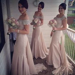 Elegant Mermaid Dresses Off The Shoulder Crystal Beading Satin Chiffon Plus Size Champagne Bridesmaid Gowns Sweep Train